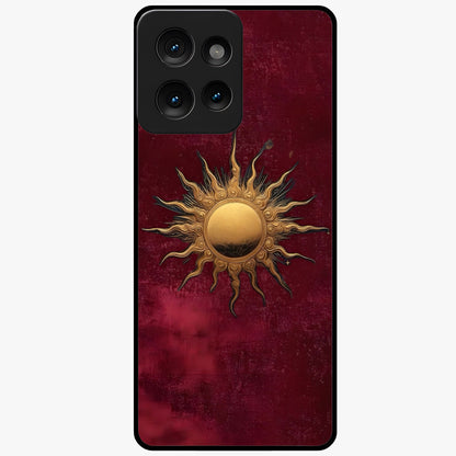 Gold Sun Blush Glass Case showing flat back view with golden sun inspired artwork and glossy glass finish.
