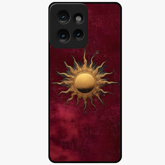 Gold Sun Blush Glass Case showing flat back view with golden sun inspired artwork and glossy glass finish.