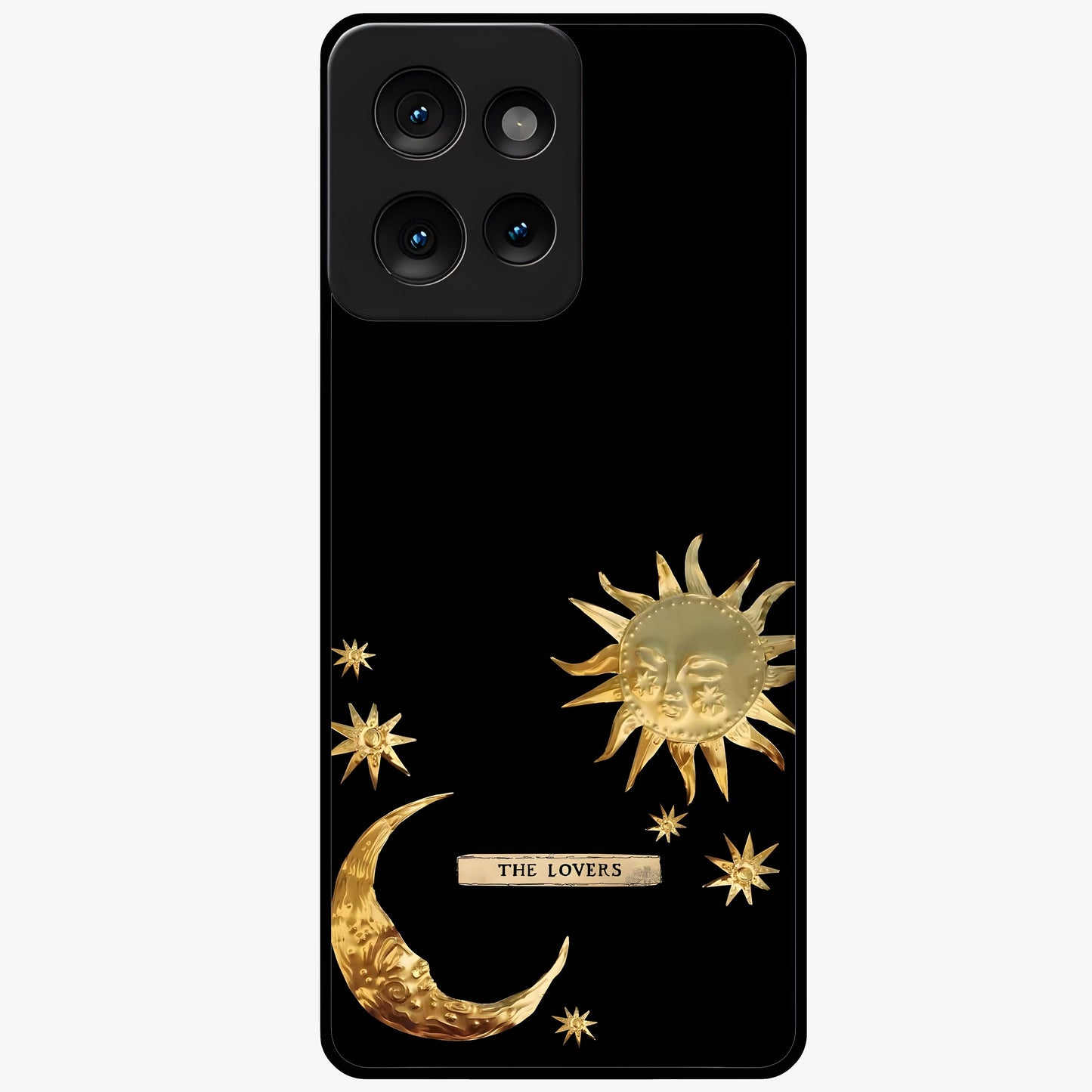 Golden Celestial Charm Glass Case showing flat back view with golden celestial charm artwork and glossy glass finish.