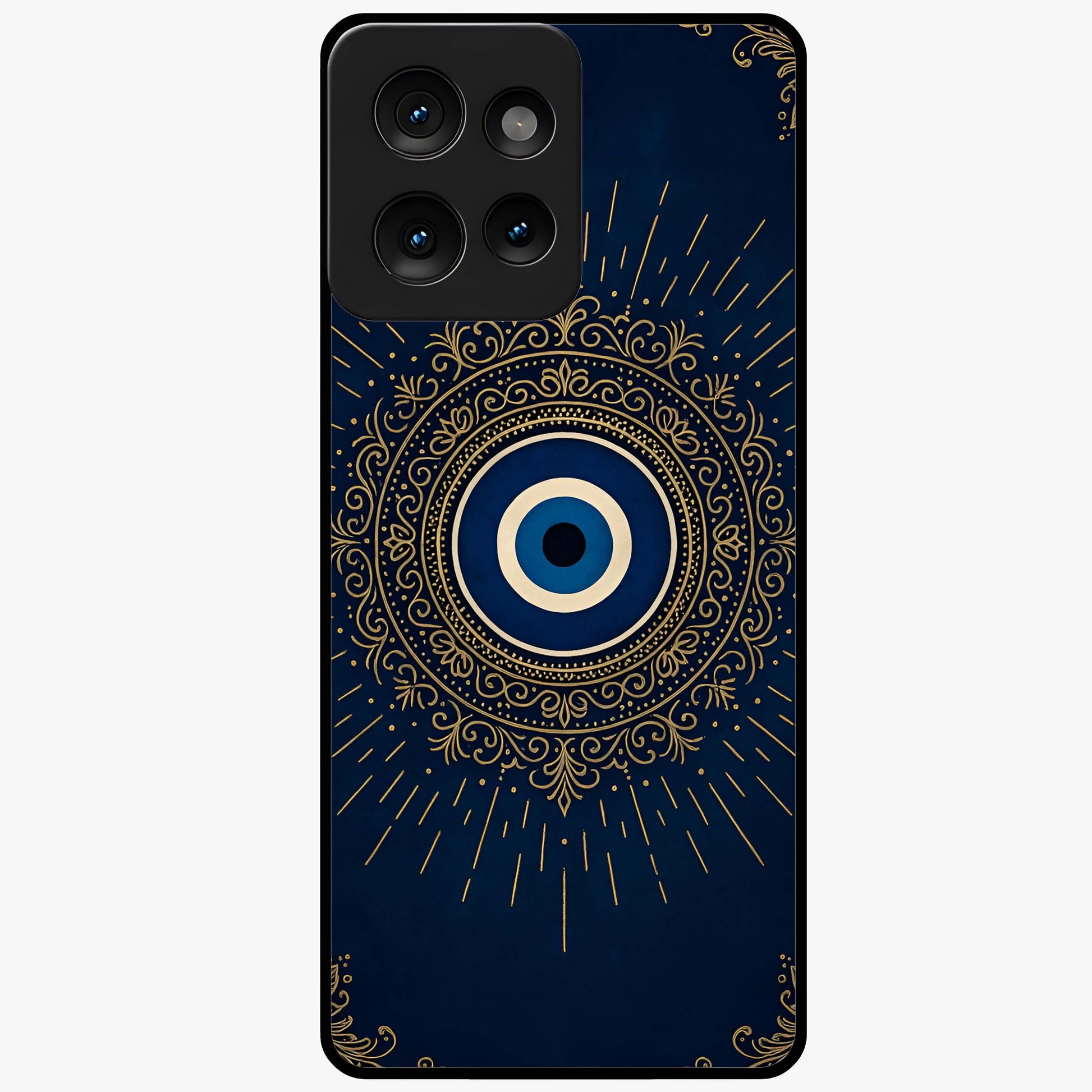 Golden Evil Eye Mandala Glass Case showing flat back view with intricate evil eye mandala artwork and glossy glass finish.