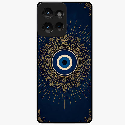 Golden Evil Eye Mandala Glass Case showing flat back view with intricate evil eye mandala artwork and glossy glass finish.