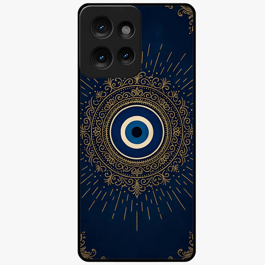 Golden Evil Eye Mandala Glass Case showing flat back view with intricate evil eye mandala artwork and glossy glass finish.