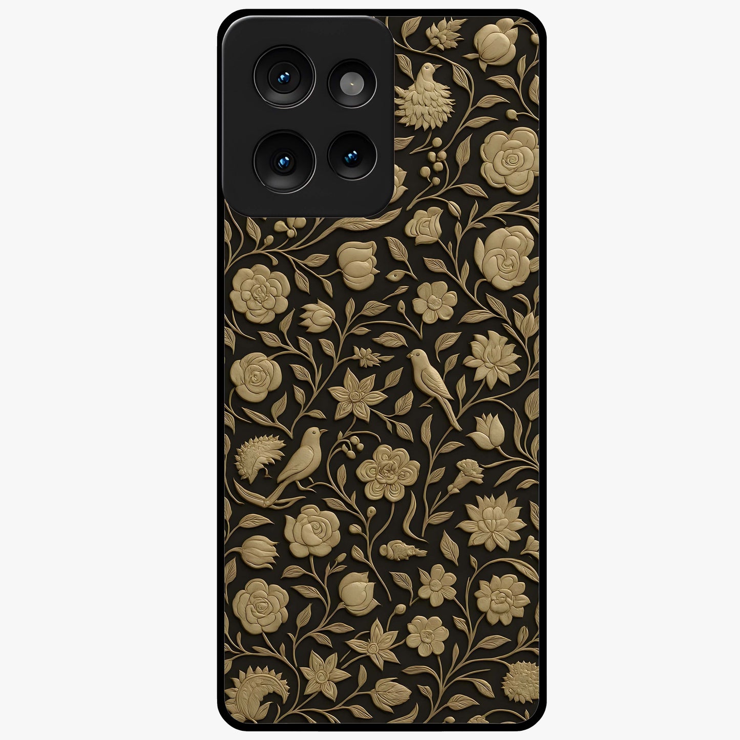 Golden Floral Majesty Glass Case showing flat back view with luxurious golden floral artwork and glossy glass finish.