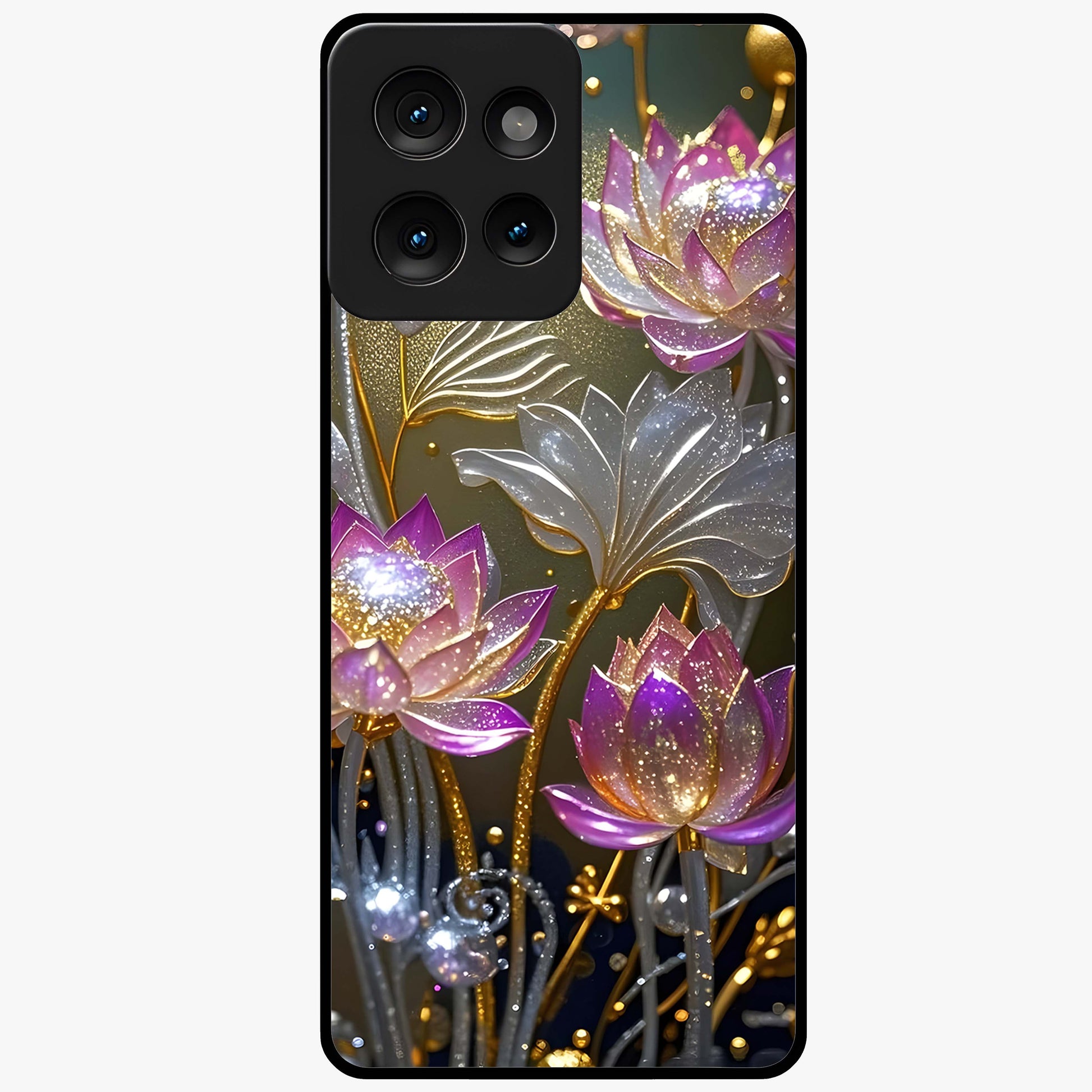 Golden Lotus Glow Glass Case showing flat back view with glowing lotus flower artwork and glossy glass finish.