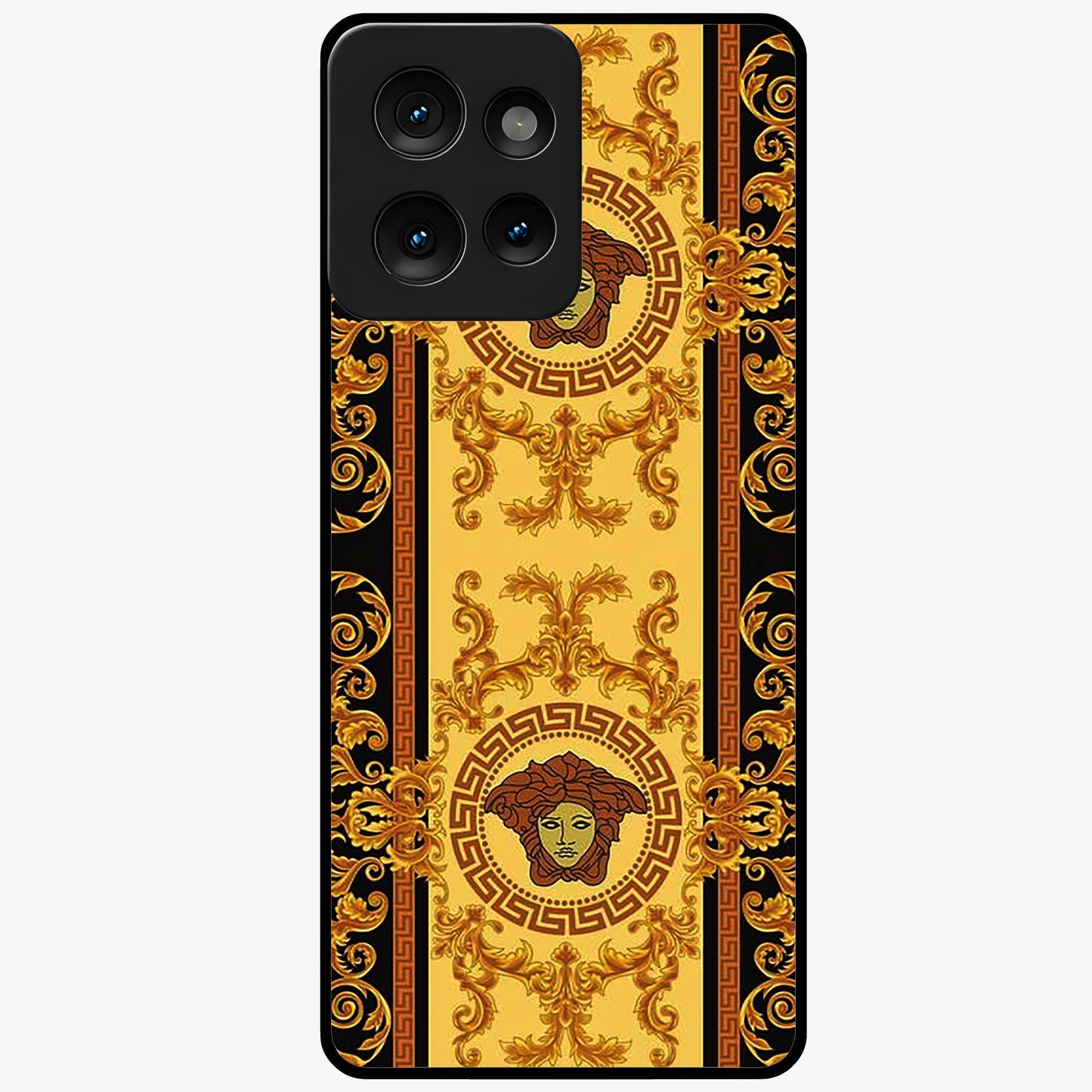 Golden Royal Heritage Glass Case showing flat back view with ornate royal pattern artwork and glossy glass finish.