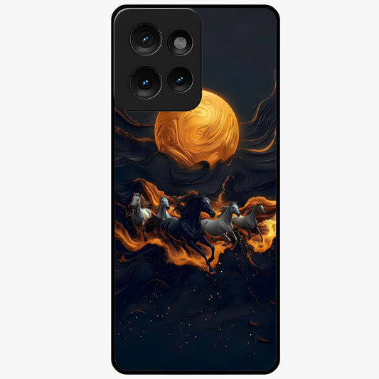 Golden Stallion Moonride Glass Case showing flat back view with majestic horse under moonlight artwork and glossy glass finish.