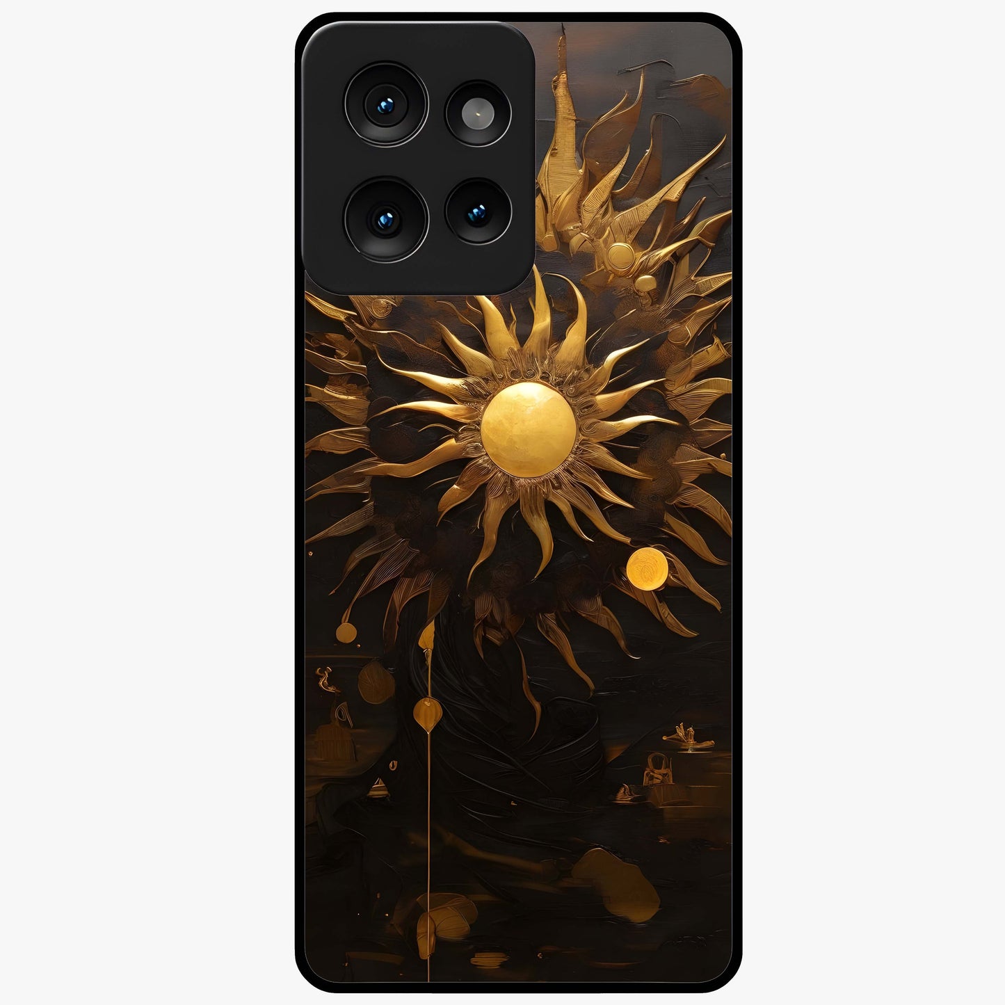 Golden Sun Majesty Glass Case showing flat back view with radiant golden sun artwork and glossy glass finish.