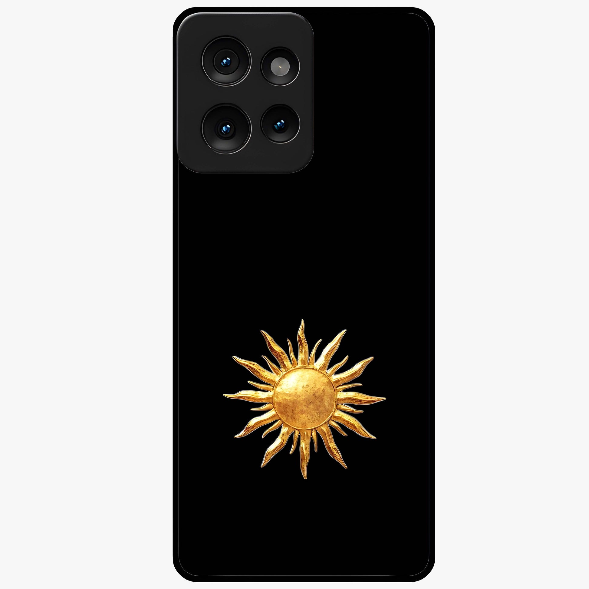 Golden Sun Minimalism Glass Case showing flat back view with minimal golden sun artwork and glossy glass finish.