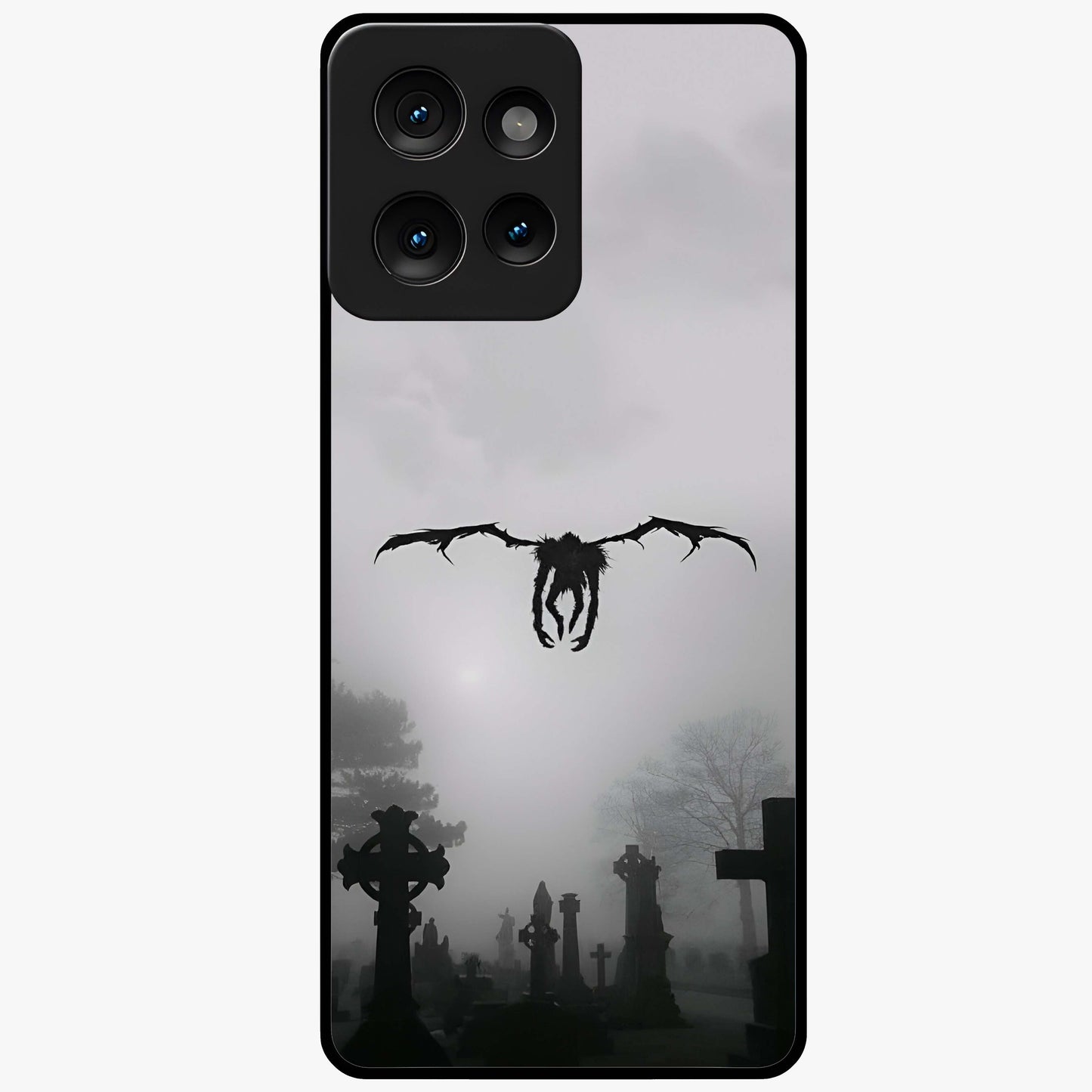 Graveyard Shadow Descent Glass Case showing flat back view with dark graveyard themed artwork and glossy glass finish.