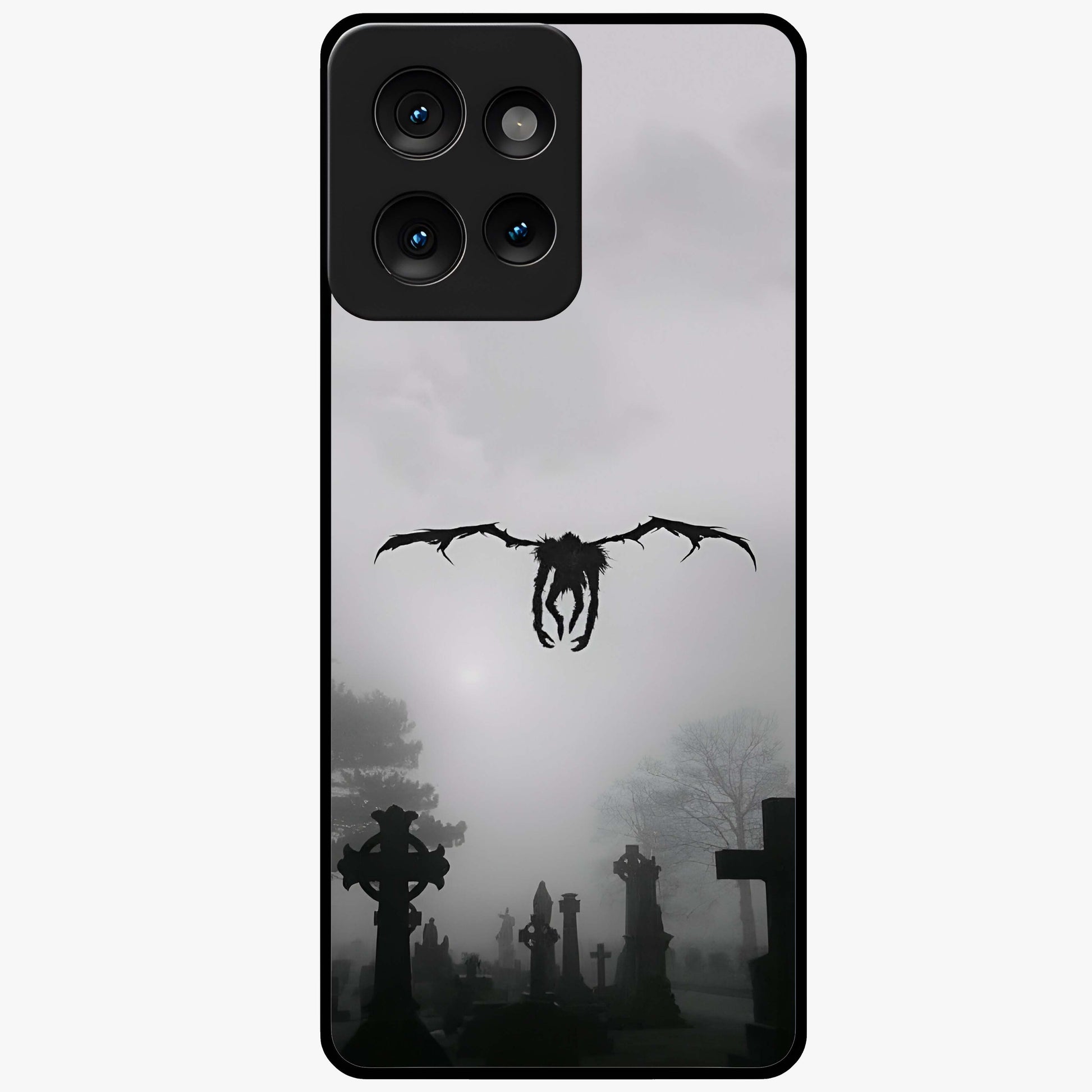 Graveyard Shadow Descent Glass Case showing flat back view with dark graveyard themed artwork and glossy glass finish.