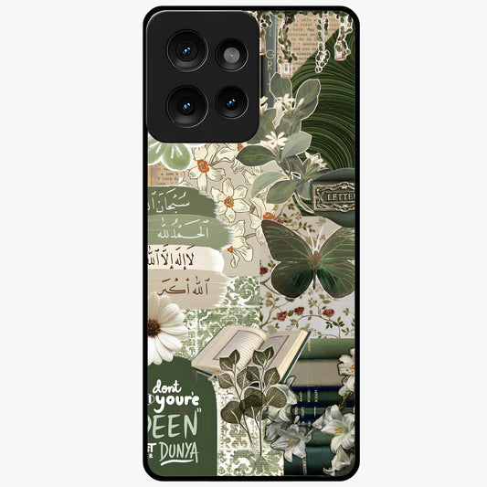 Green Islamic Books Quotes Glass Case showing flat back view with Islamic quotes and book themed artwork and glossy glass finish.