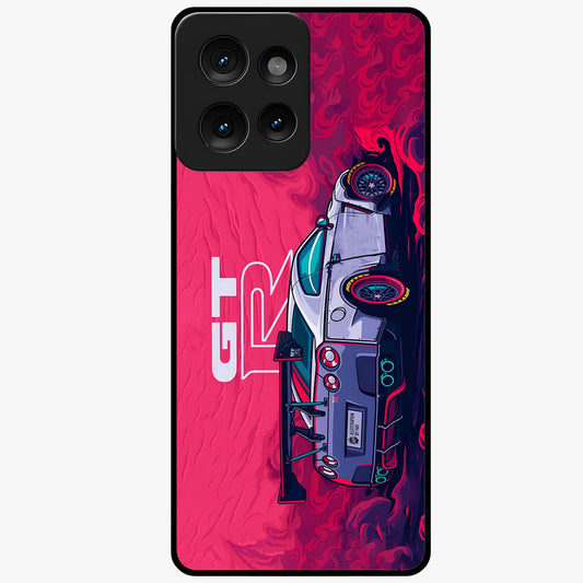GT-R Car Pattern Glass Case showing flat back view with sporty car inspired pattern artwork and glossy glass finish.