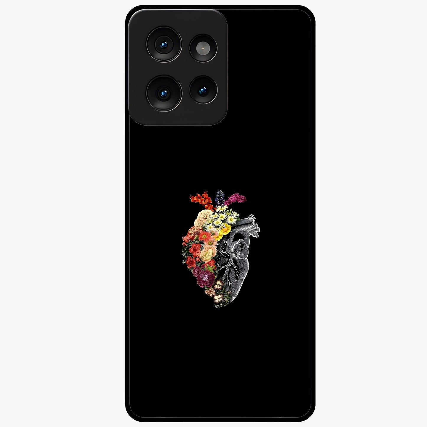 Heart With Flowers Glass Case showing flat back view with heart shaped floral artwork and glossy glass finish.