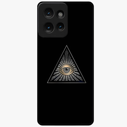 Illuminati Evil Glass Case showing flat back view with mysterious illuminati symbol artwork and glossy glass finish.