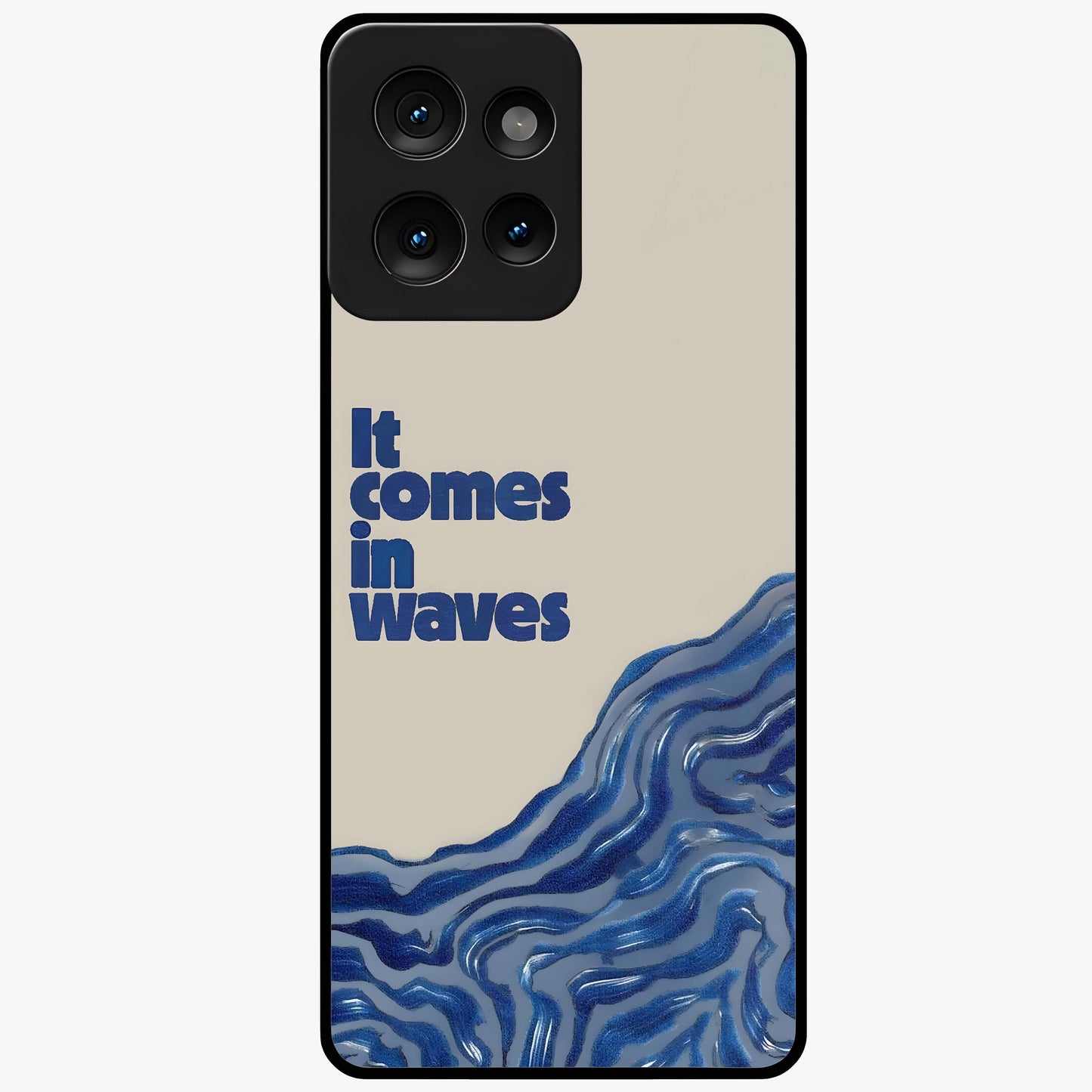 It Comes In Waves Quote Glass Case showing flat back view with inspirational wave themed quote artwork and glossy glass finish.