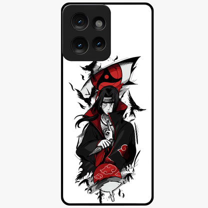 Itachi Sharingan Glass Case showing flat back view with powerful anime eye artwork and glossy glass finish.