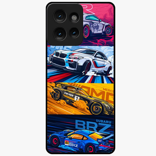 JDM Sports Car Glass Case showing flat back view with high performance sports car artwork and glossy glass finish.