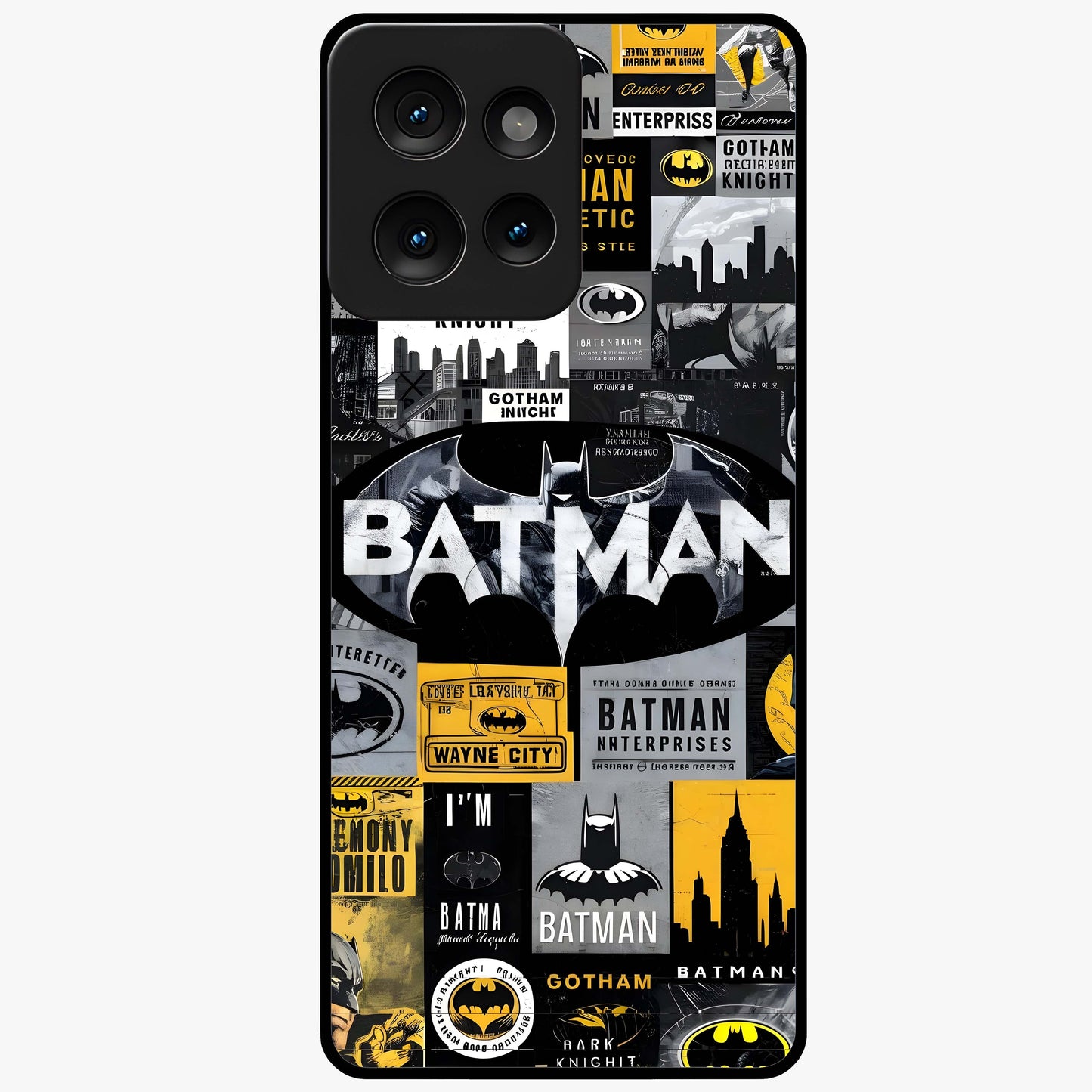 Knight Gotham Rise Glass Case showing flat back view with dark hero inspired artwork and glossy glass finish.