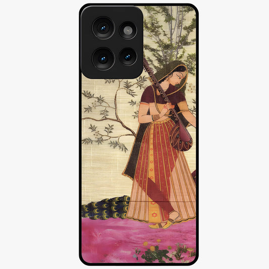 Lady With Veena Art Glass Case showing flat back view with elegant woman playing veena artwork and glossy glass finish.
