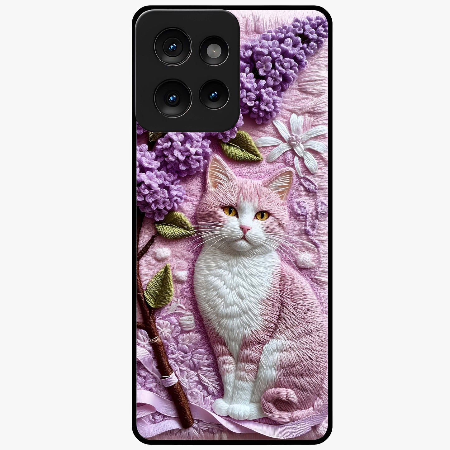 Lavender Cat Whimsy Glass Case showing flat back view with cute lavender cat artwork and glossy glass finish.