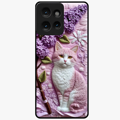 Lavender Cat Whimsy Glass Case showing flat back view with cute lavender cat artwork and glossy glass finish.