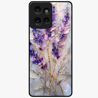 Lavender Dream Glow Glass Case showing flat back view with glowing lavender aesthetic artwork and glossy glass finish.
