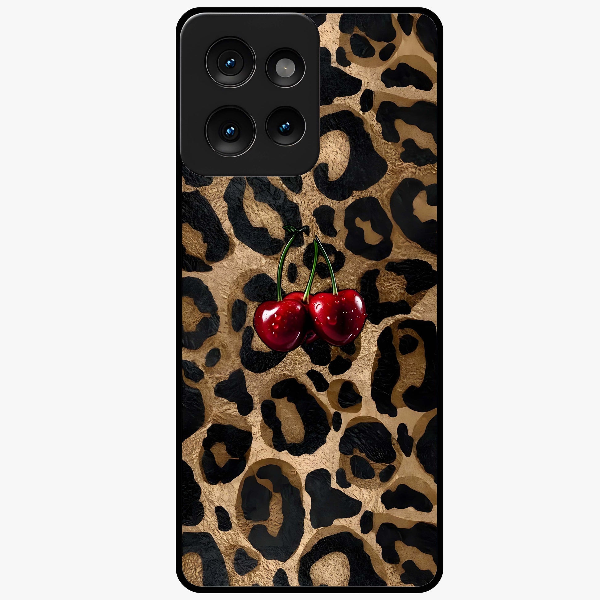 Leopard Wild Cherry Glass Case showing flat back view with leopard pattern and cherry artwork and glossy glass finish.