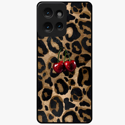 Leopard Wild Cherry Glass Case showing flat back view with leopard pattern and cherry artwork and glossy glass finish.