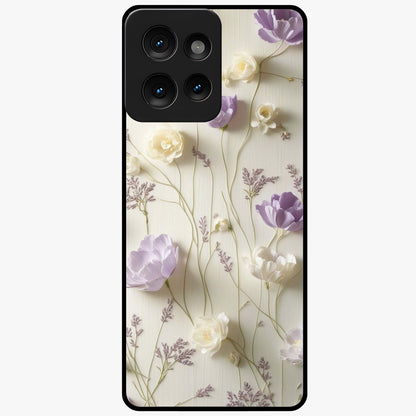 Lilac Breeze Harmony Glass Case showing flat back view with soft lilac themed artwork and glossy glass finish.
