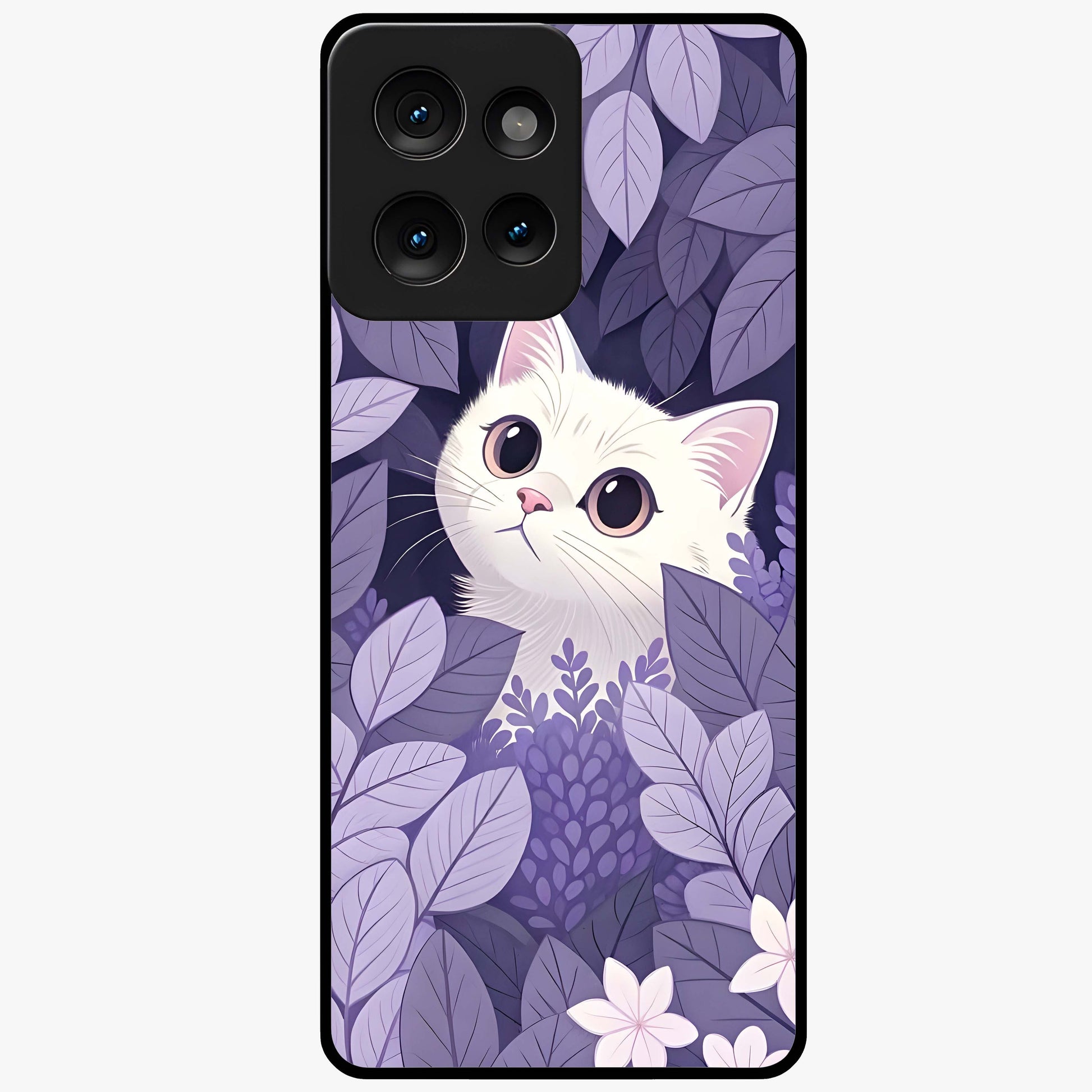 Lilac Hide Peek Cat Glass Case showing flat back view with cute peeking cat artwork and glossy glass finish.