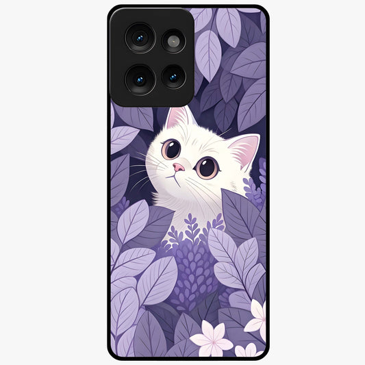 Lilac Hide Peek Cat Glass Case showing flat back view with cute peeking cat artwork and glossy glass finish.