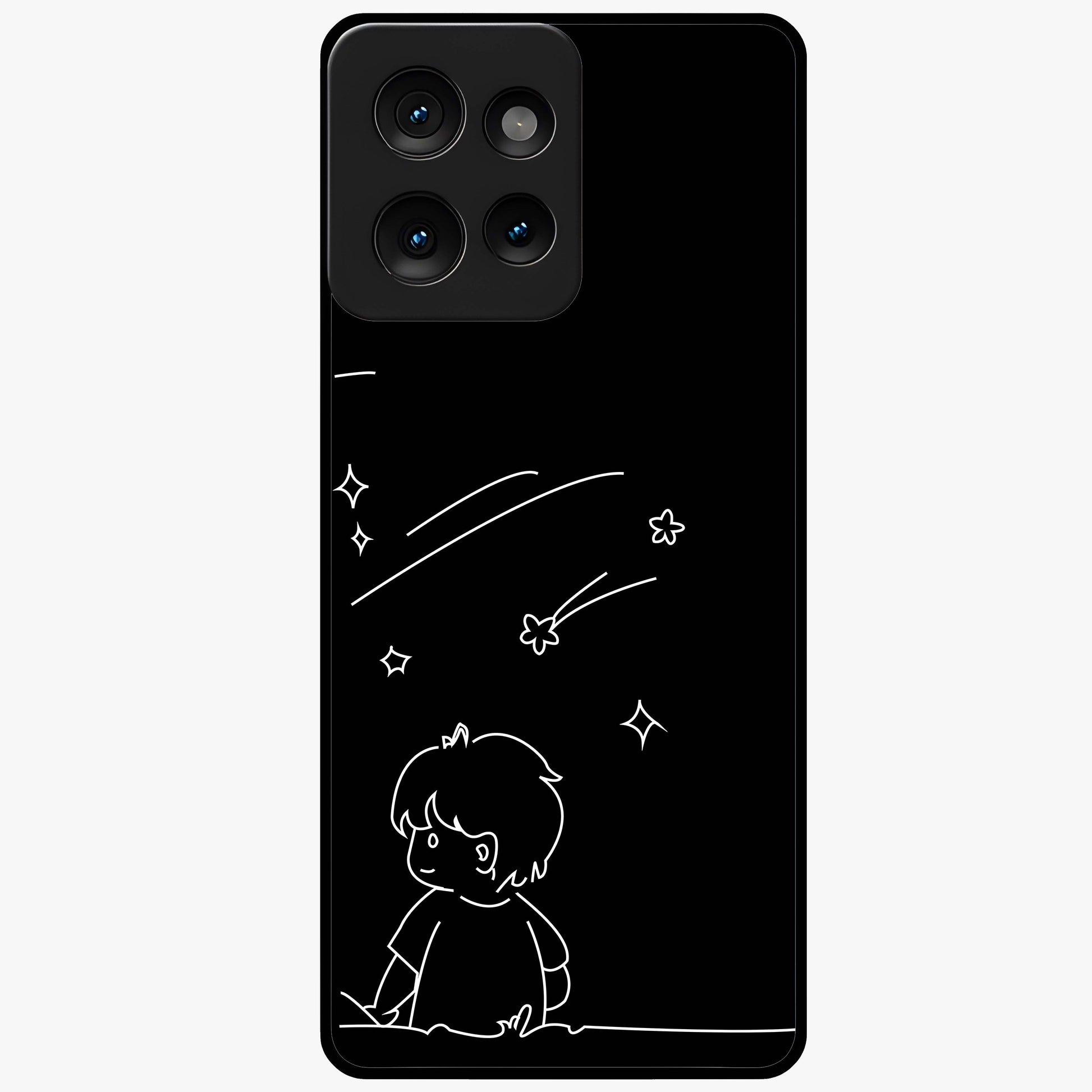 Line Art Boy With Shooting Stars Glass Case showing flat back view with minimal line art boy and shooting stars illustration and glossy glass finish.