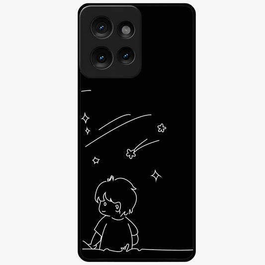 Line Art Boy With Shooting Stars Glass Case showing flat back view with minimal line art boy and shooting stars illustration and glossy glass finish.