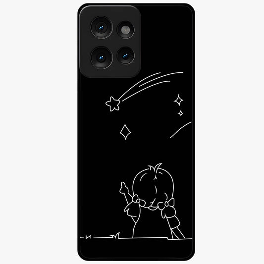 Line Art Girl With Shooting Stars Glass Case showing flat back view with minimal line art girl and shooting stars illustration and glossy glass finish.