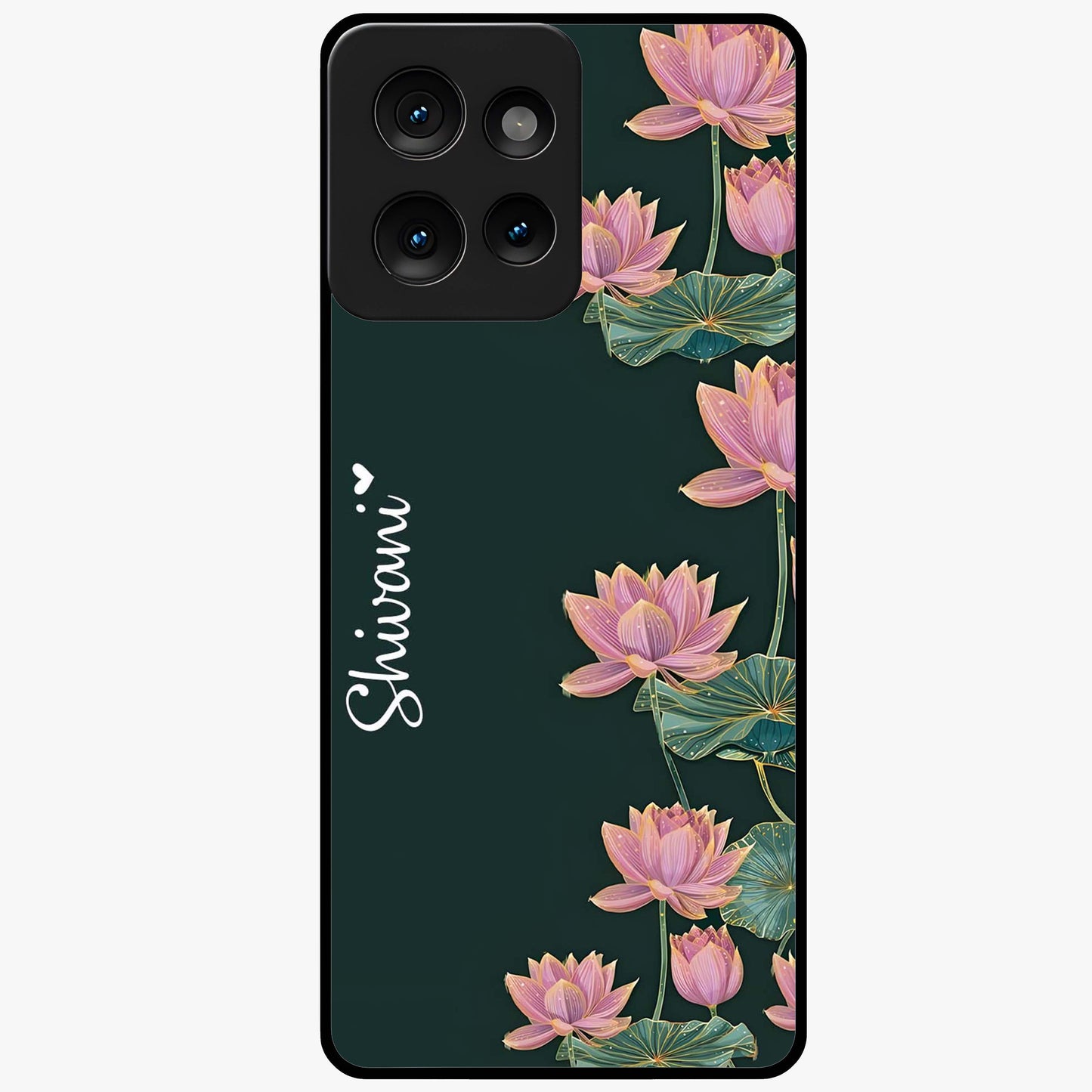 Lotus Bloom Serenity Custom Name Glass Case showing flat back view with elegant lotus flower artwork and personalized name design.