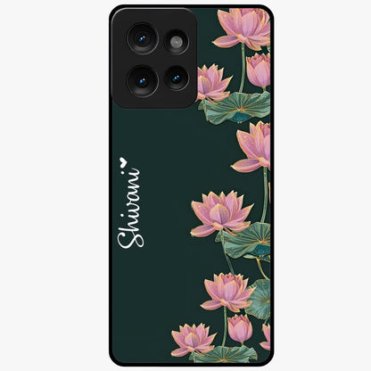 Lotus Bloom Serenity Custom Name Glass Case showing flat back view with elegant lotus flower artwork and personalized name design.