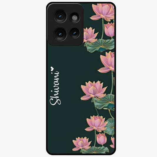 Lotus Bloom Serenity Custom Name Glass Case showing flat back view with elegant lotus flower artwork and personalized name design.