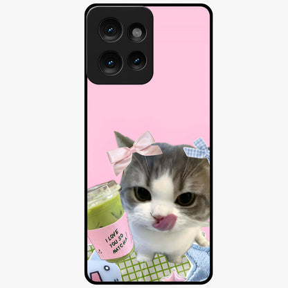 Love Matcha Cat Glass Case showing flat back view with cute cat and matcha themed artwork and glossy glass finish.