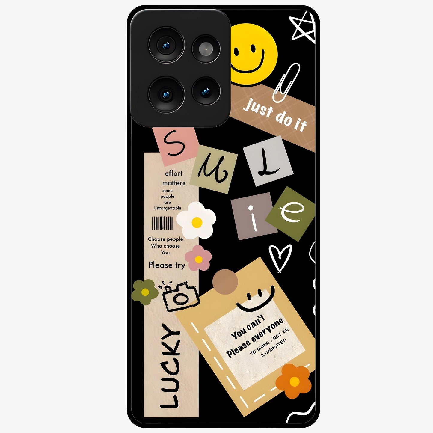 Lucky Aesthetic Collage Glass Case showing flat back view with trendy aesthetic collage artwork and glossy glass finish.