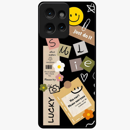Lucky Aesthetic Collage Glass Case showing flat back view with trendy aesthetic collage artwork and glossy glass finish.