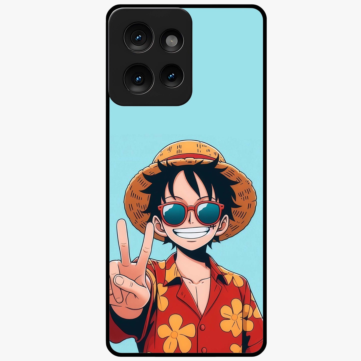 Luffy Summer Anime Vibe Glass Case showing flat back view with vibrant anime character artwork and glossy glass finish.