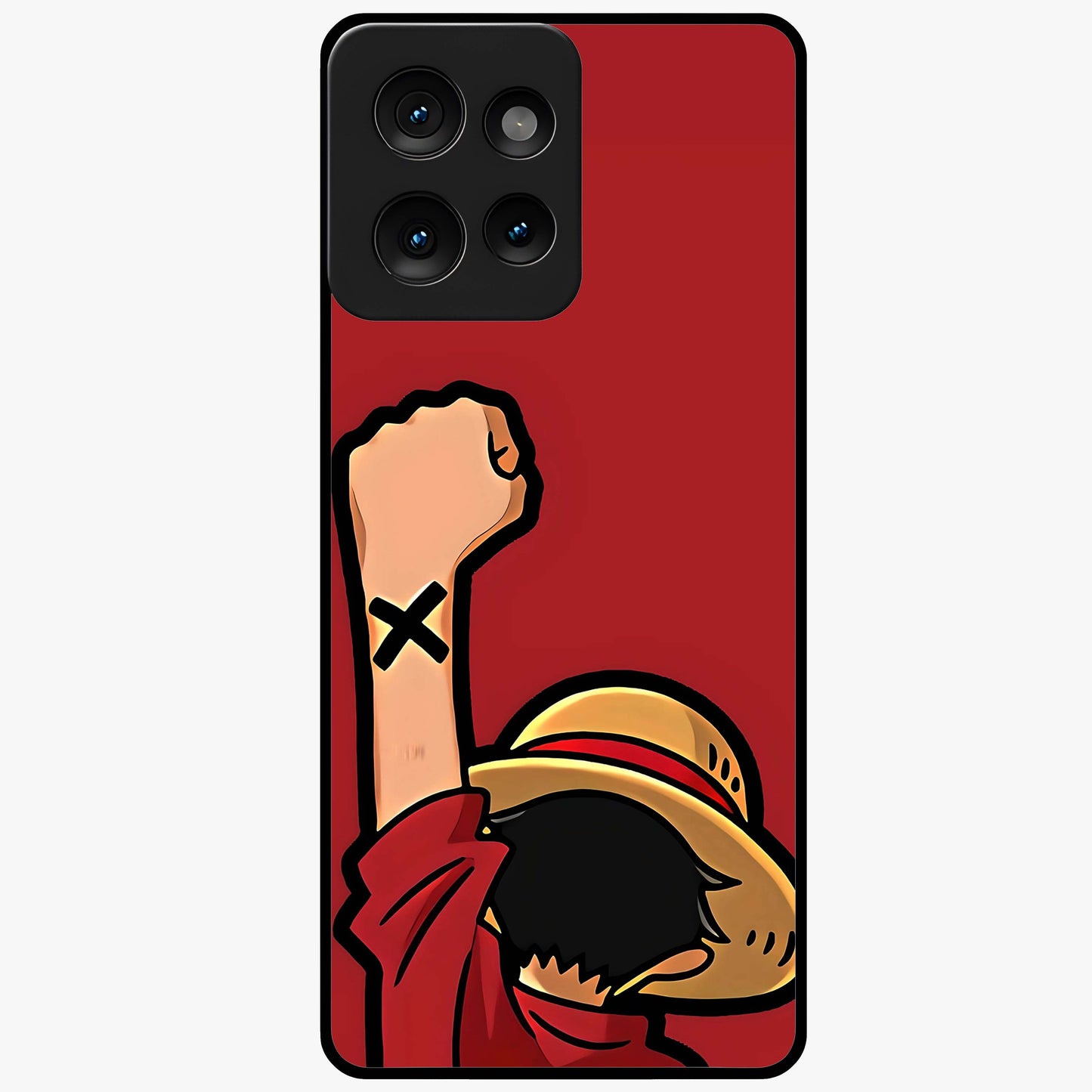 Luffy X Spirit Glass Case showing flat back view with bold anime character artwork and glossy glass finish.