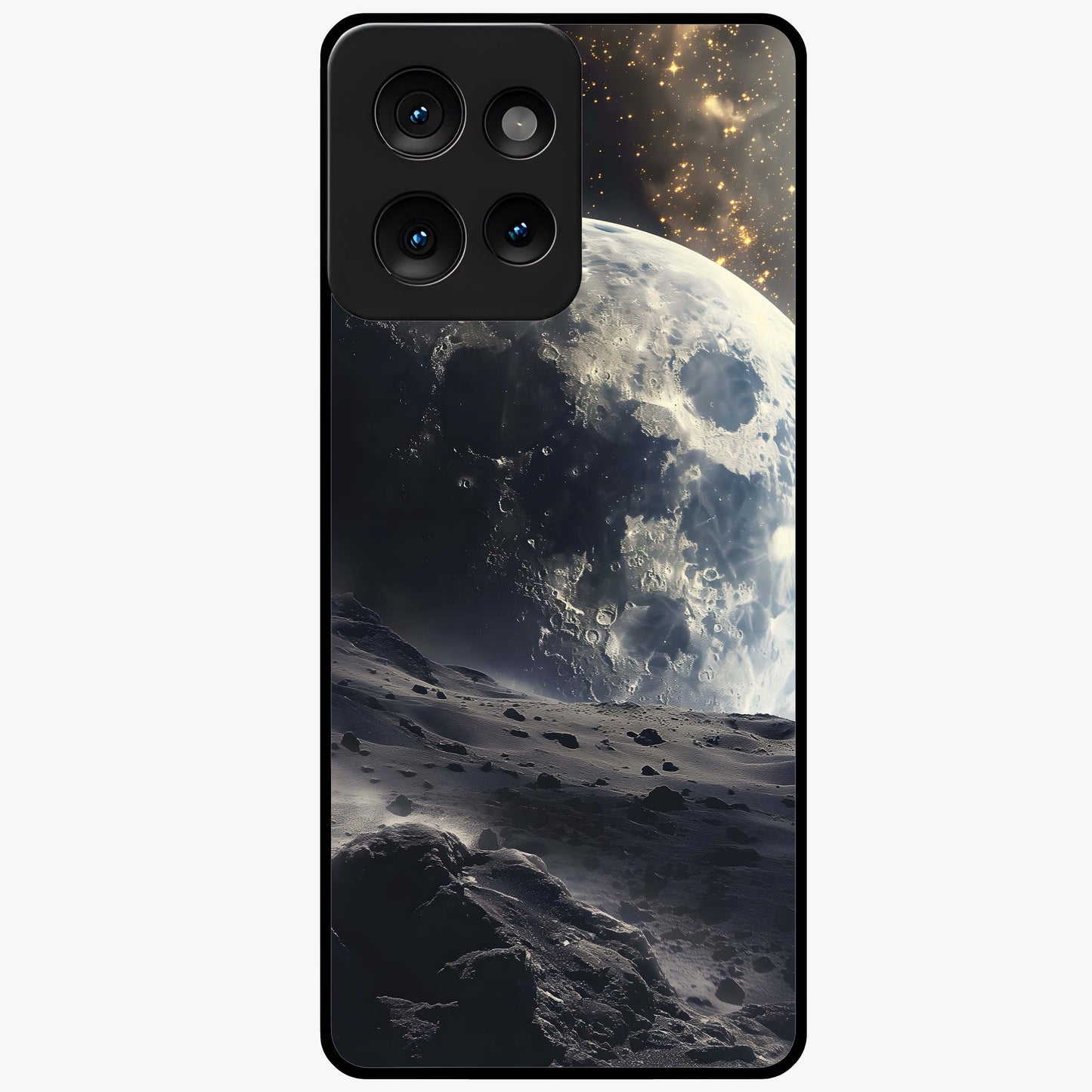 Lunar Horizon Glow Glass Case showing flat back view with glowing moon horizon artwork and glossy glass finish.