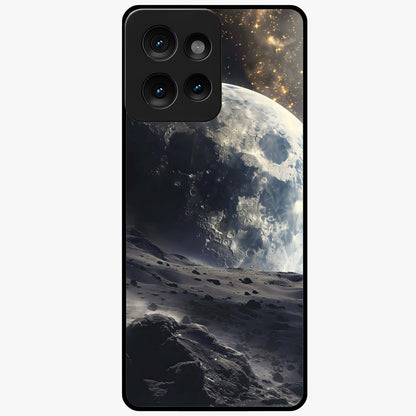 Lunar Horizon Glow Glass Case showing flat back view with glowing moon horizon artwork and glossy glass finish.