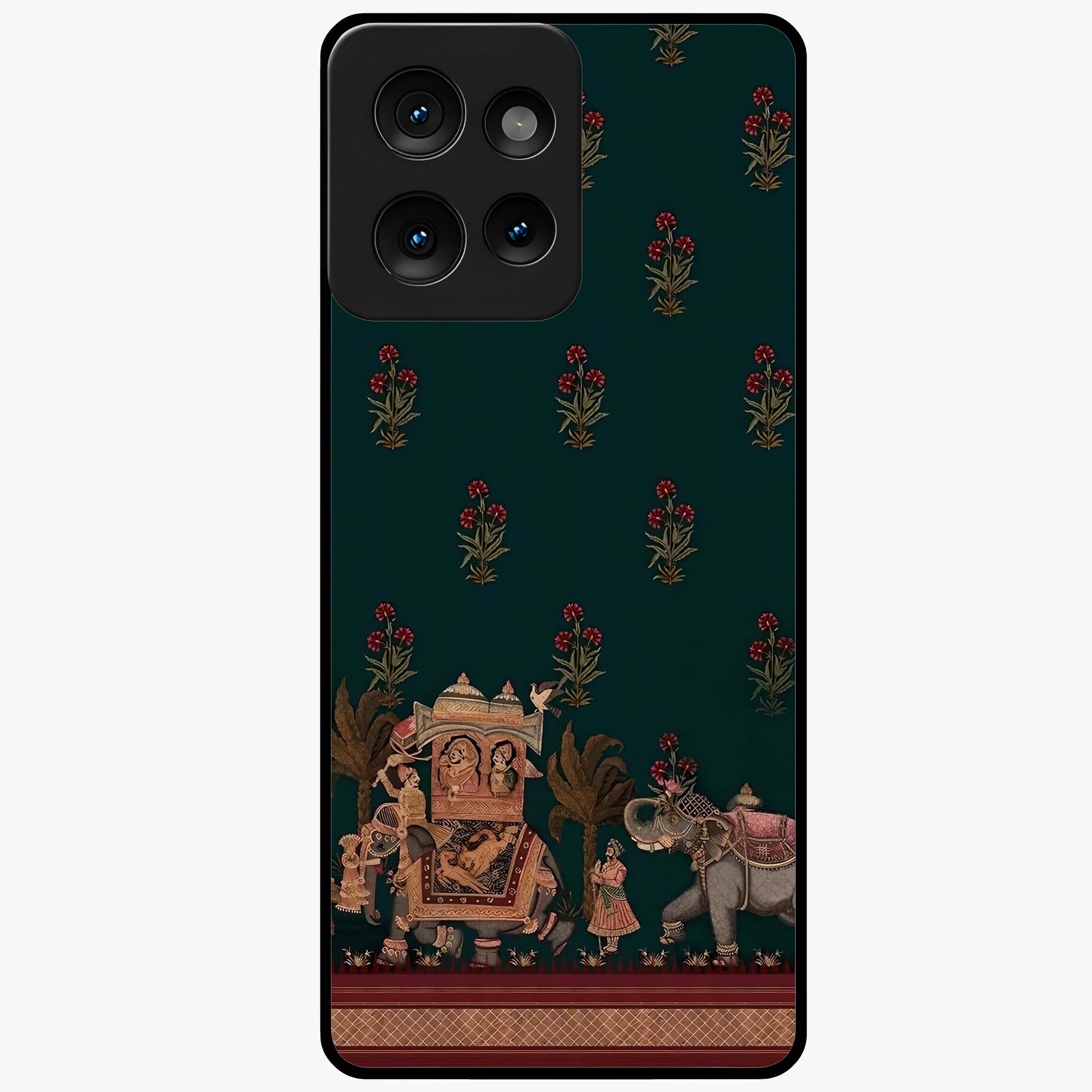 Macmerise Glass Case showing flat back view with stylish modern artwork and glossy glass finish.