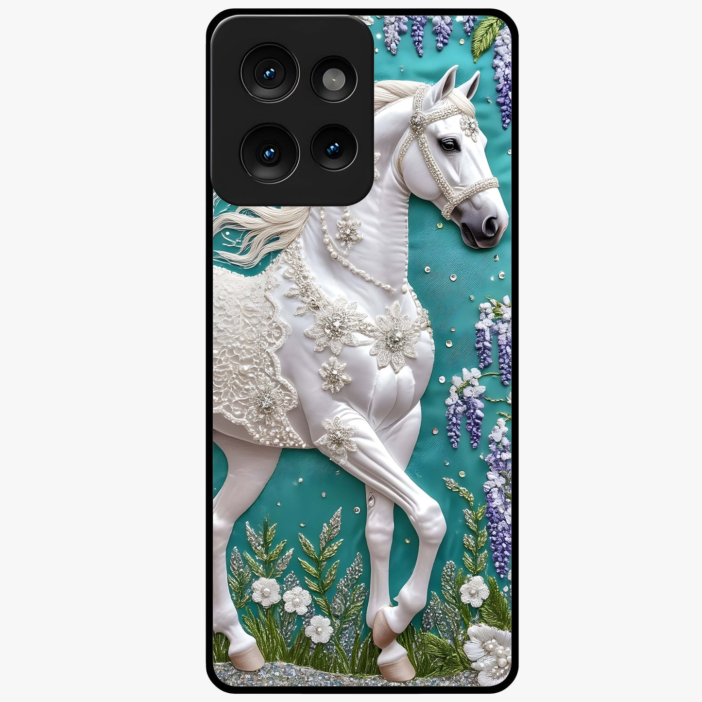 Majestic Floral Stallion Glass Case showing flat back view with powerful horse and floral artwork and glossy glass finish.