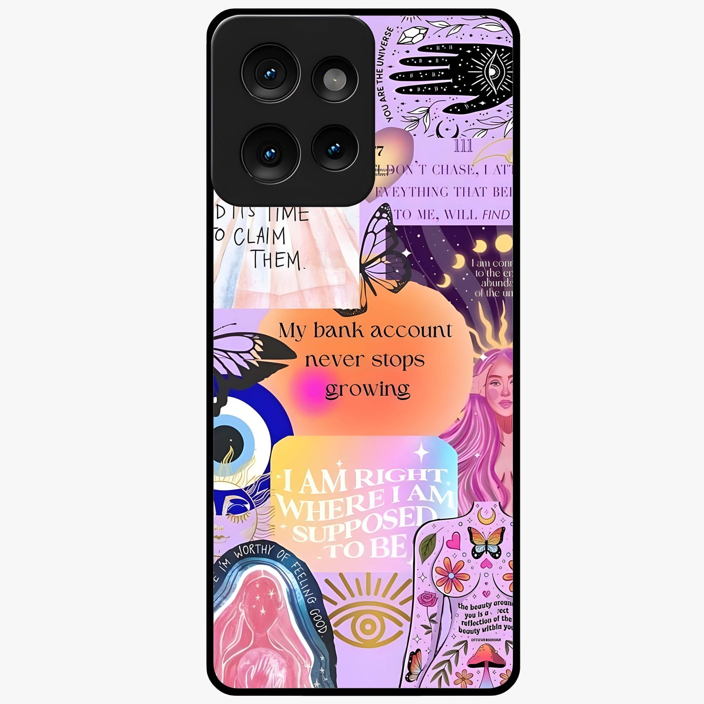 Manifestation Collage Glass Case showing flat back view with motivational collage artwork and glossy glass finish.