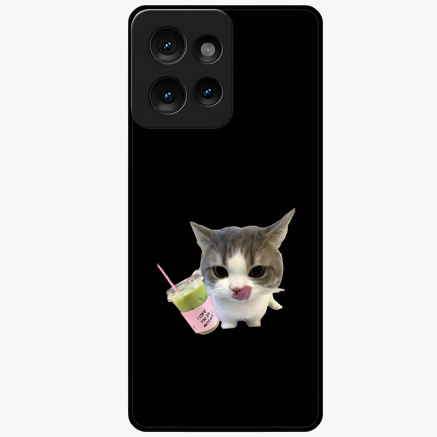 Matcha Cat Style Glass Case showing flat back view with cute matcha themed cat artwork and glossy glass finish.
