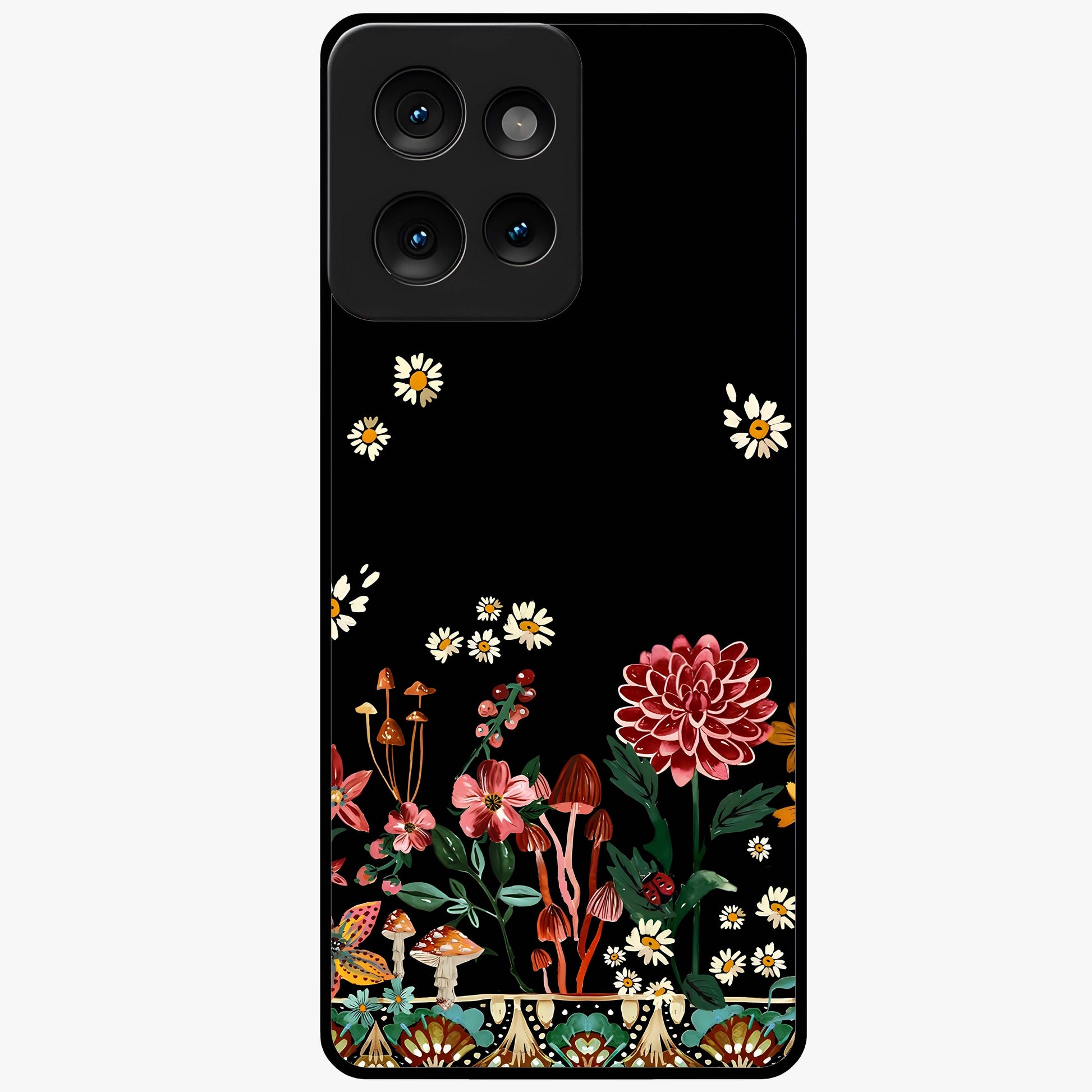 Midnight Bloom Pattern Glass Case showing flat back view with dark floral pattern artwork and glossy glass finish.