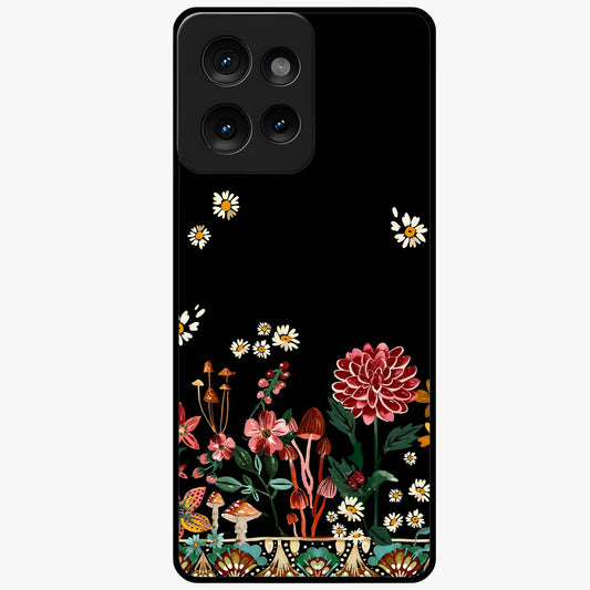 Midnight Bloom Pattern Glass Case showing flat back view with dark floral pattern artwork and glossy glass finish.
